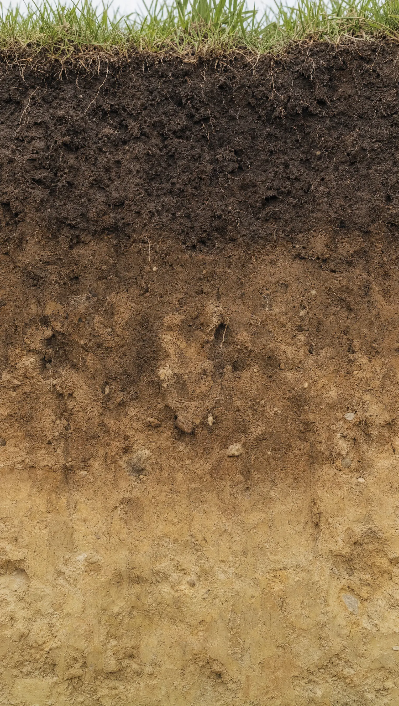 A cut soil profile from grass and topsoil down to pale subsoil